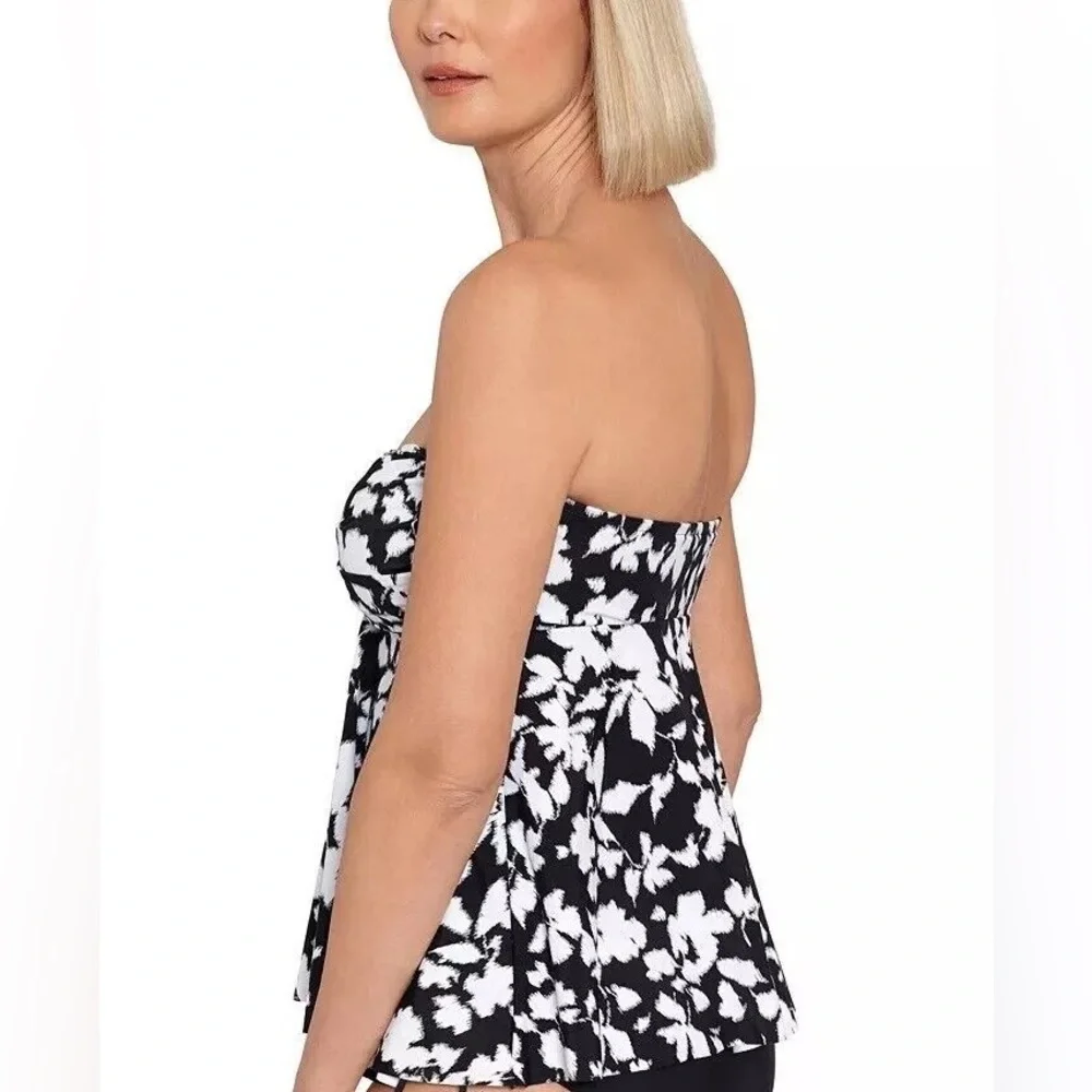 NWT Swim Solutions Floral Flyaway Tankini Top Black White Size 10